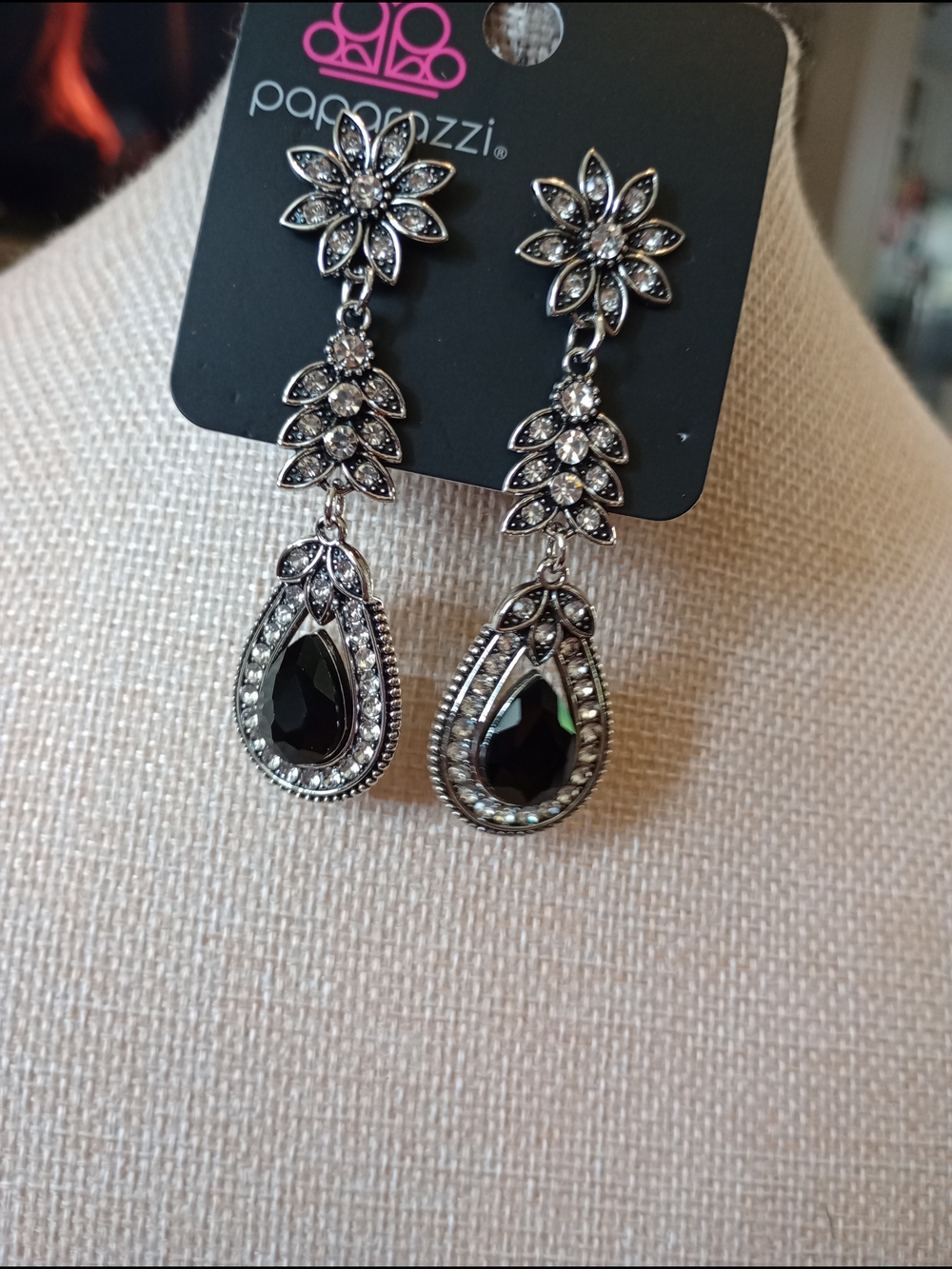 paparazzi Silver and Black Floral Teardrop Dangle Earrings